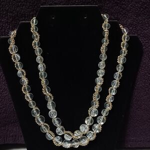 Vintage NY Chunky Double Layered Clear Bead, Gold Entwined Necklace, 20"